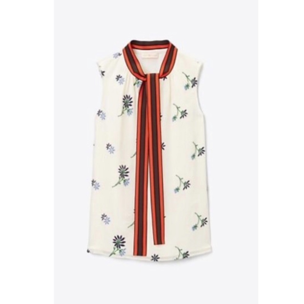 Tory Burch Contrast Bow Sleeveless Blouse.